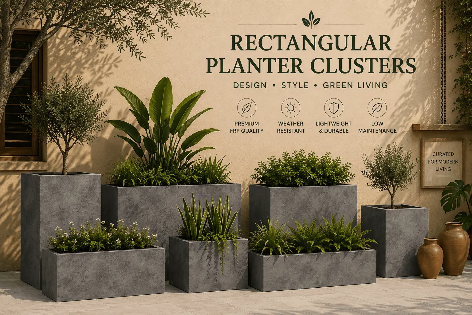 Custom bespoke outdoor rectangular concrete planters dimensions engineered and molded for luxury commercial real estate projects