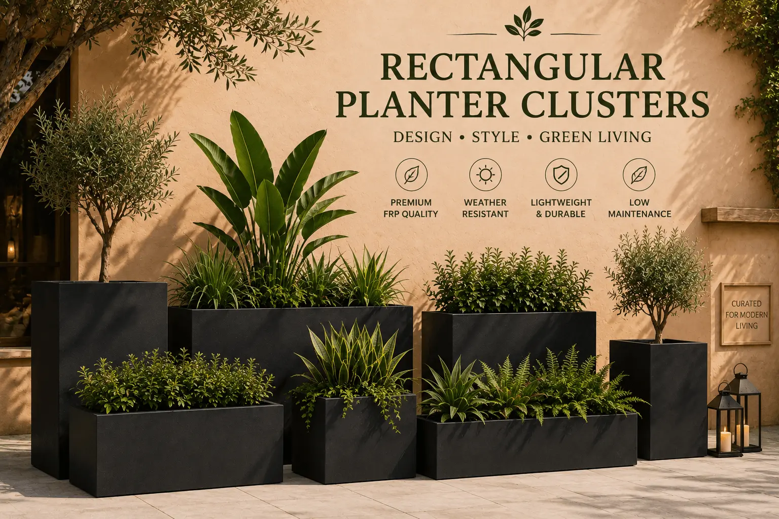Extra Large outdoor rectangular concrete planters featuring deep soil capacity engineered for commercial landscaping and small patio trees