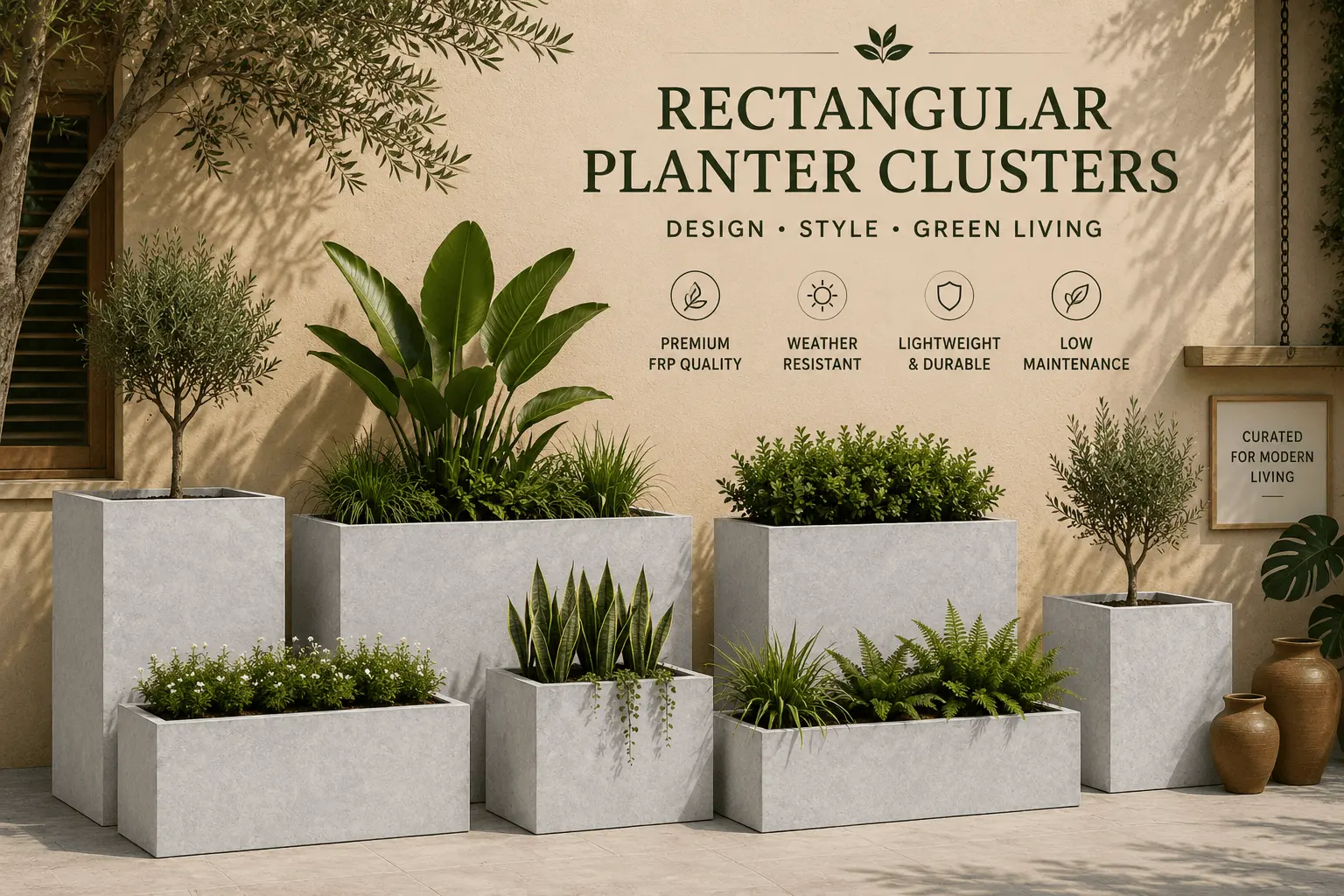Extra Long outdoor rectangular concrete planters used for continuous linear hedging along hotel patios and corporate rooftop borders