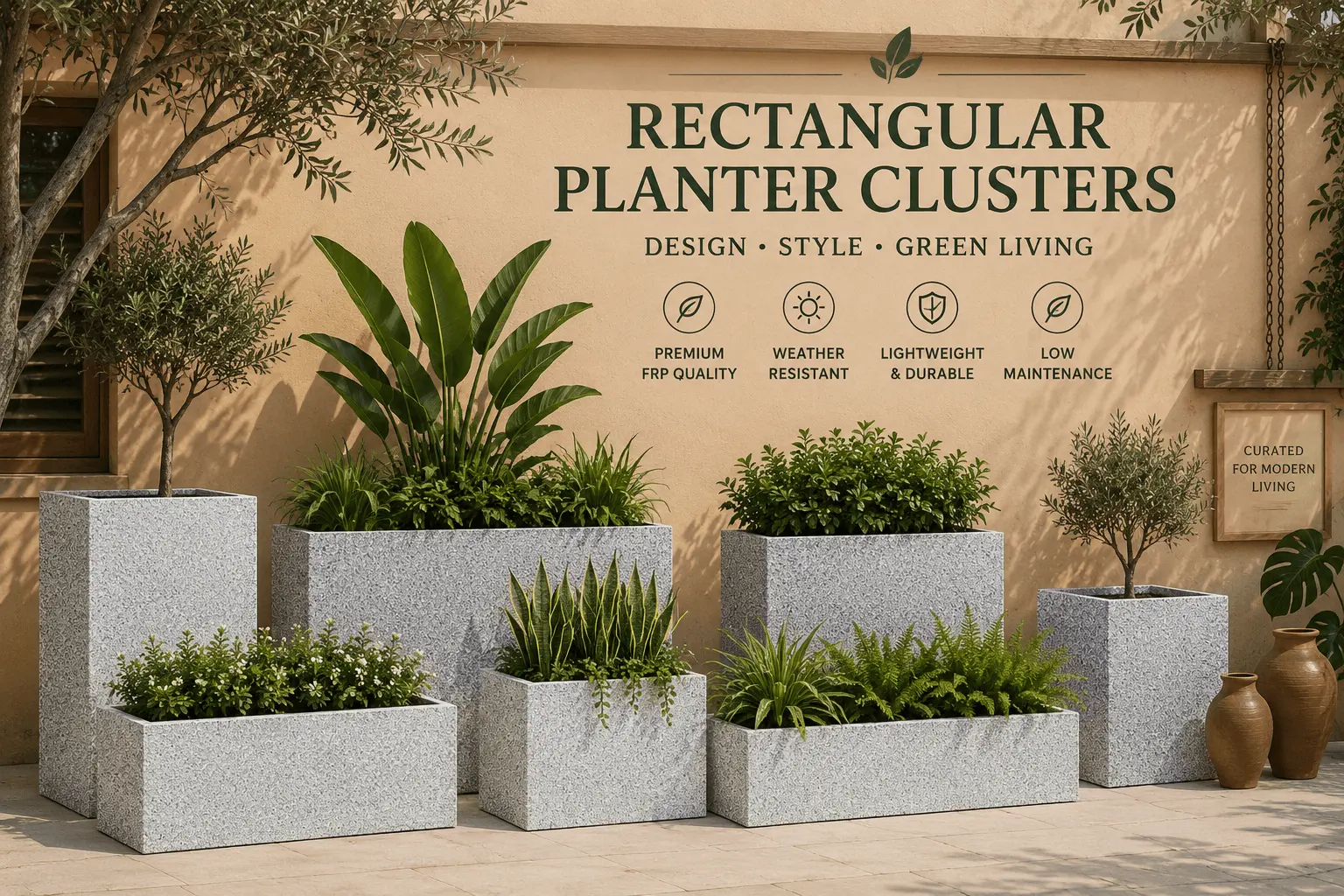Narrow outdoor rectangular concrete planters optimizing tight balcony spaces, window sills, and restricted architectural walkways