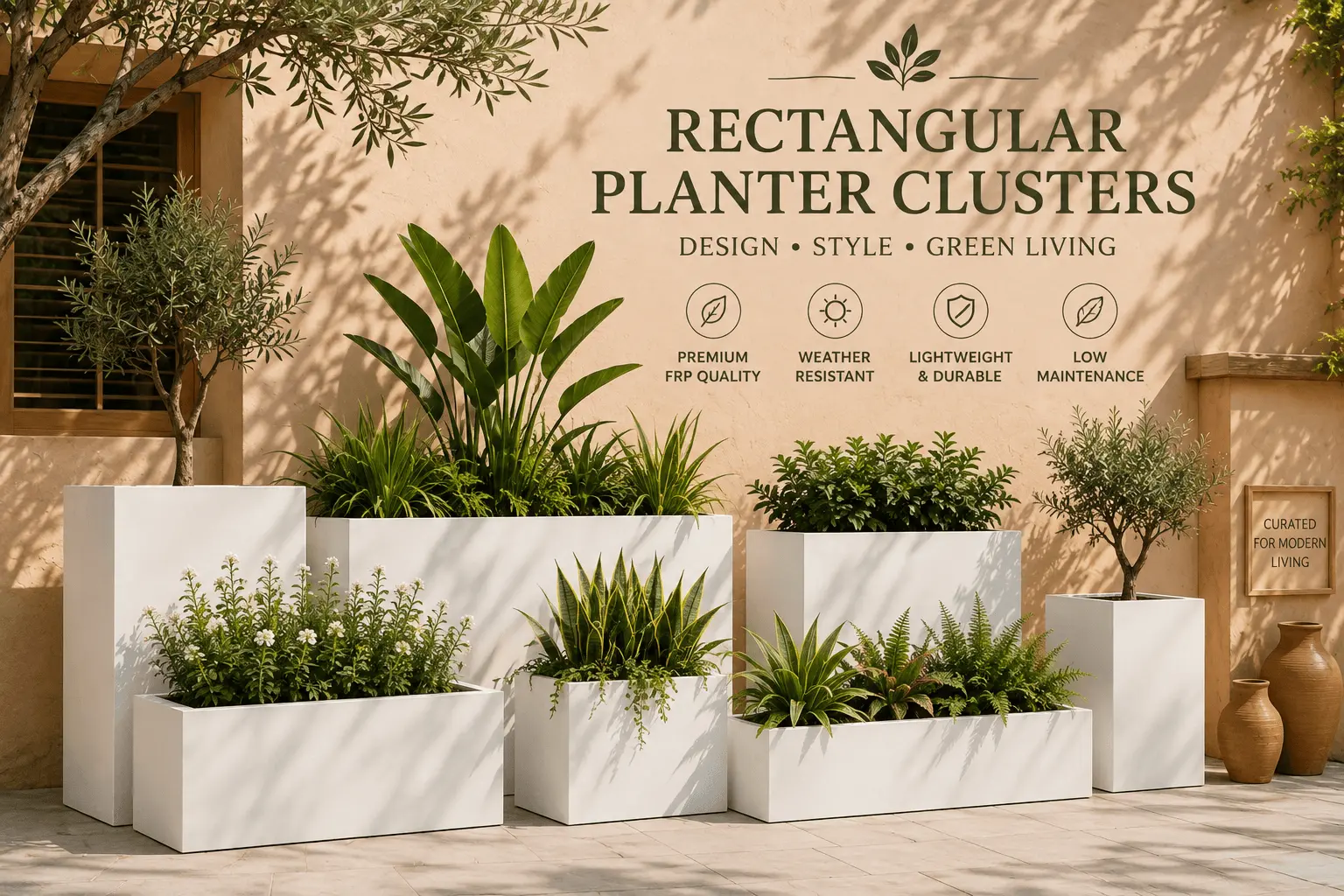 Tall outdoor rectangular concrete planters designed specifically for structural privacy screens and modern corporate lobby entrances