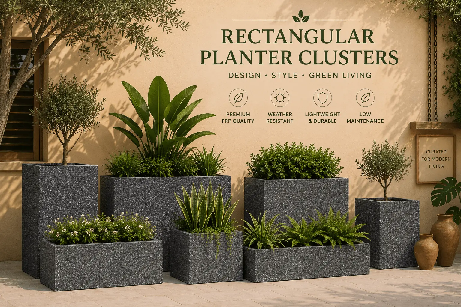 Wide outdoor rectangular concrete planters providing substantial room divider capabilities in luxury hospitality and restaurant settings