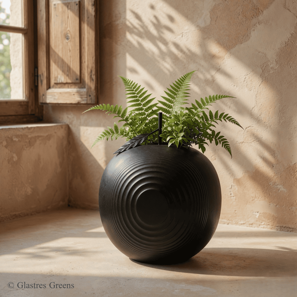 Apple Orchard round fiberglass decorative vase with perfect spherical form, offering timeless elegance for luxury home and garden styling.