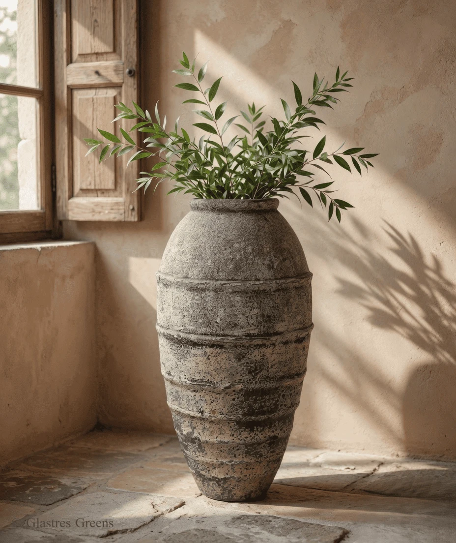 Tall Earthy Kos Jar evoking Mediterranean charm, crafted as a luxury fiberglass decorative vase with a rustic texture for sophisticated outdoor living spaces.