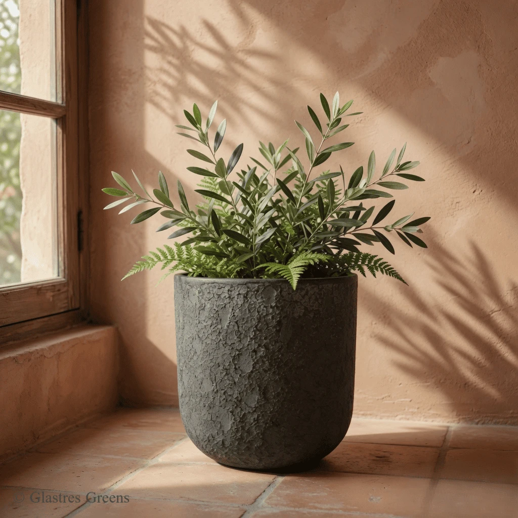 Earthy Rough Wide Shallow Bowl creating a stunning focal point, a rustic fiberglass vase exceptional for low-profile botanical arrangements and luxury styling.