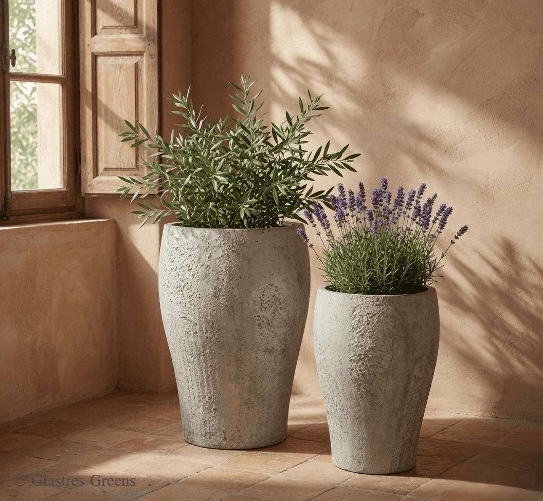 Earthy Tumbler large fiberglass pot perfectly mimicking heavy ceramic with a modern cylindrical form, designed for interior and exterior styling.