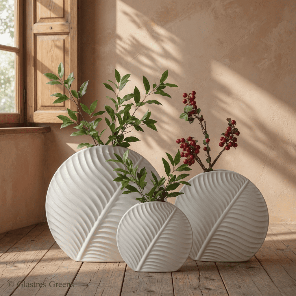 Leafo nature inspired fiberglass decorative vase set with organic leaf-like forms, blending natural aesthetics with premium modern craftsmanship.