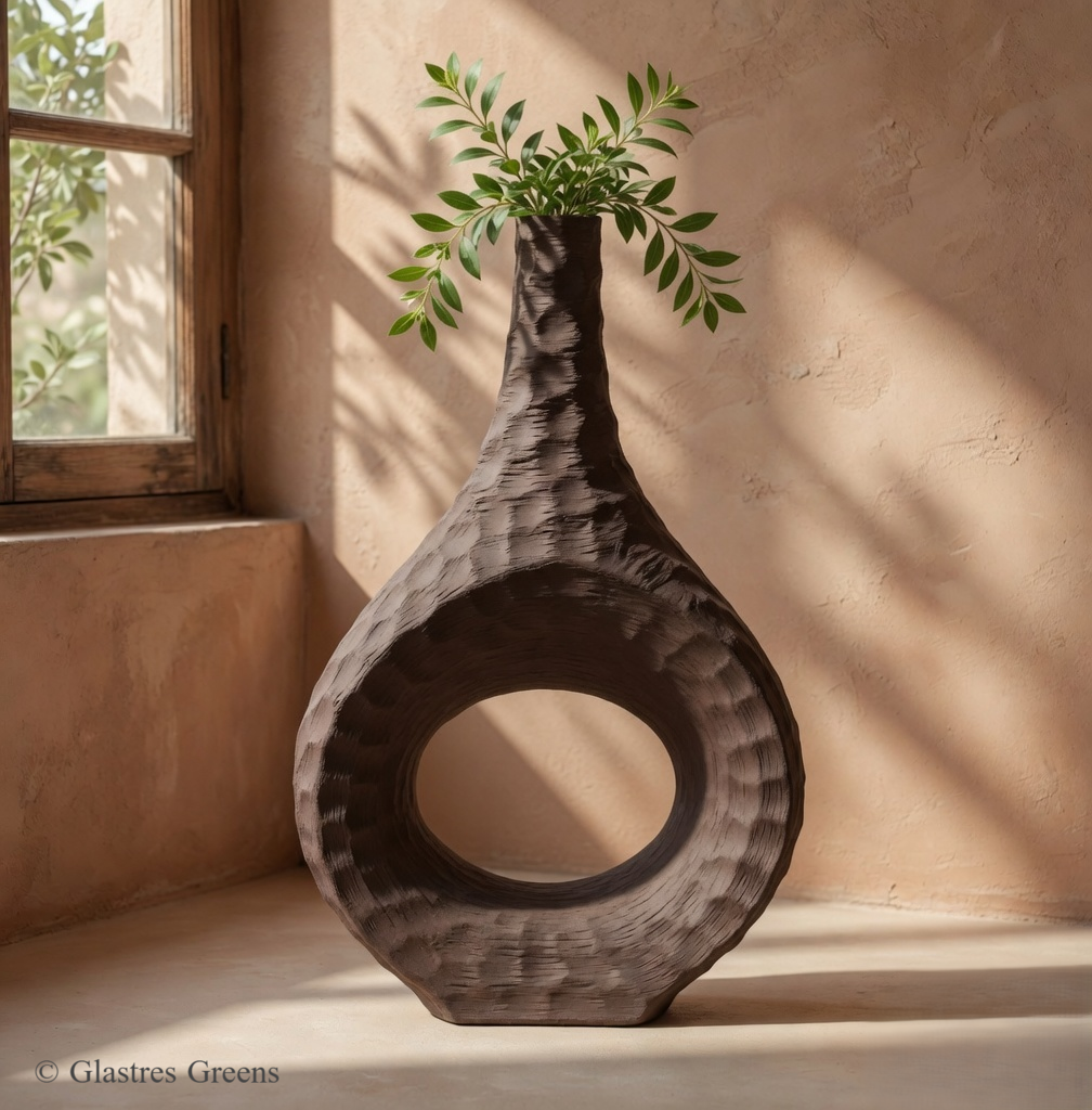 Whimsy Waves artistic fiberglass decorative vase with flowing organic lines, creating a soft sculptural presence for luxury home and garden styling.