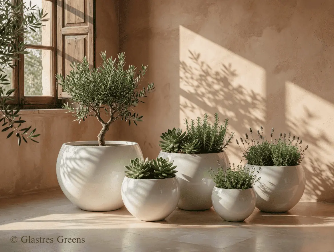 An architectural FRP planter positioned at a commercial building entrance plaza, establishing a grand, welcoming green space for employees and visitors.