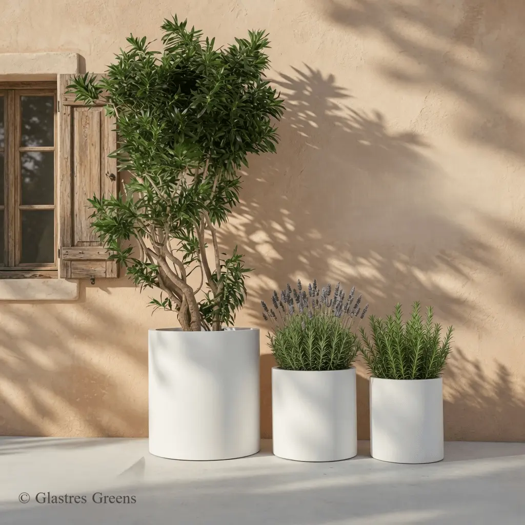 An architectural rectangular planter aligned against a modern building facade, serving as a sleek foundation for ornamental grasses and perimeter landscaping.