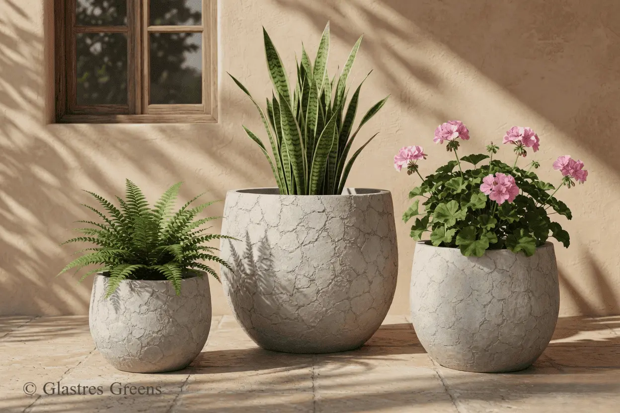A tall architectural fiberglass planter standing inside a modern building atrium, emphasizing vertical scale and contemporary interior landscape design.