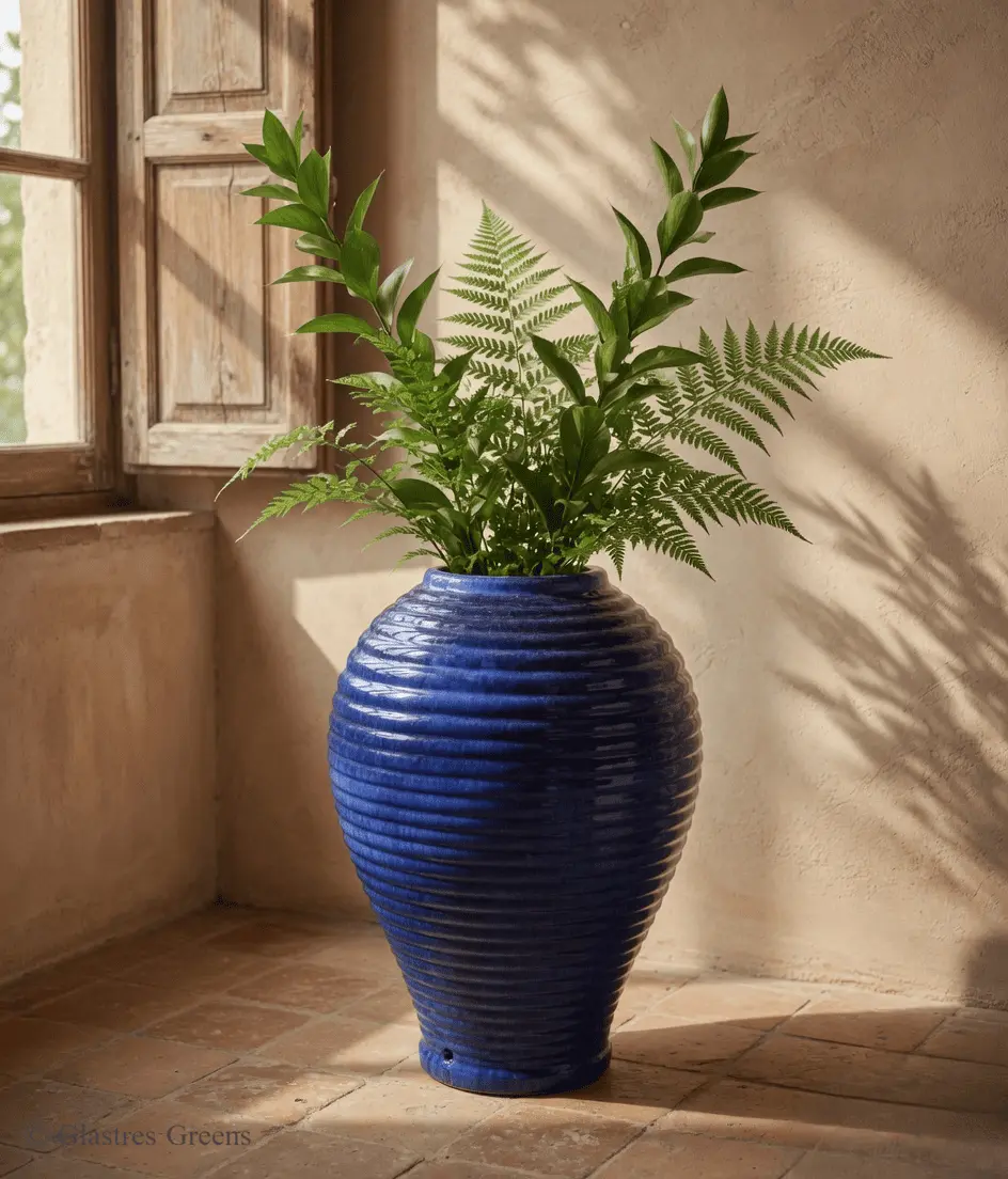 An architectural textured planter placed in a contemporary office interior, its unique surface finish adding a refined tactile element to corporate workspaces.