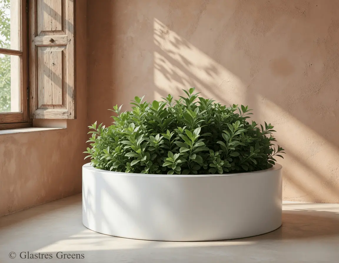 A commercial fiberglass planter lining a corporate office exterior walkway, built to sustain professional aesthetics through varying outdoor weather conditions.