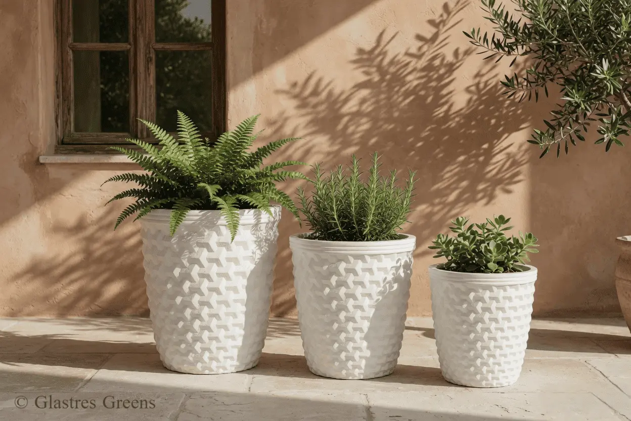 A commercial rectangular planter positioned along an office building exterior, providing a durable, professional landscape border resilient to urban pollution.