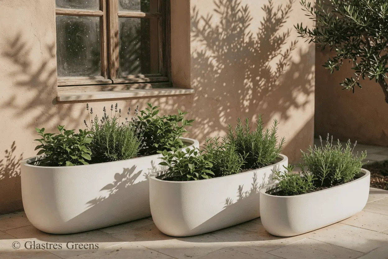 A designer FRP planter positioned at a street-side cafe, functioning as both an elegant decorative piece and a subtle barrier against sidewalk foot traffic.