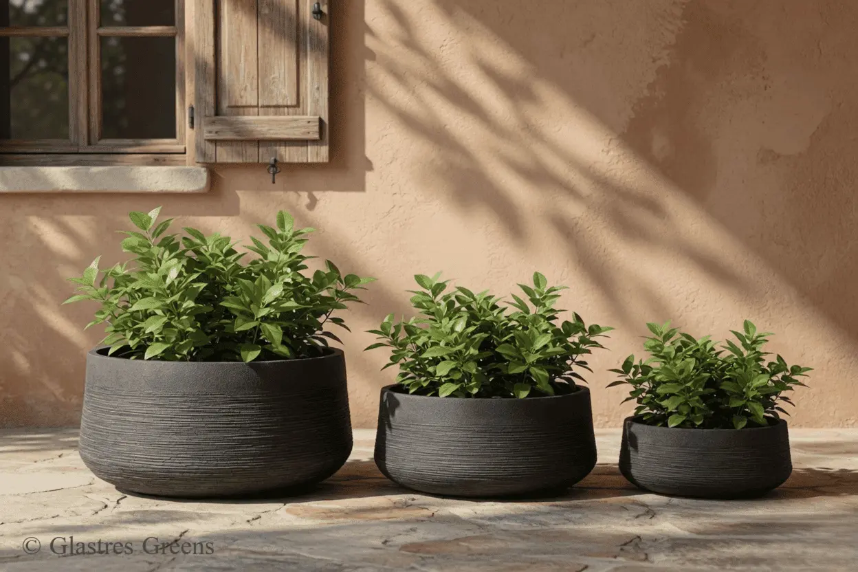 A designer ribbed rectangular fiberglass planter placed in a hospital healing garden, providing a calming and structured aesthetic for therapeutic spaces.