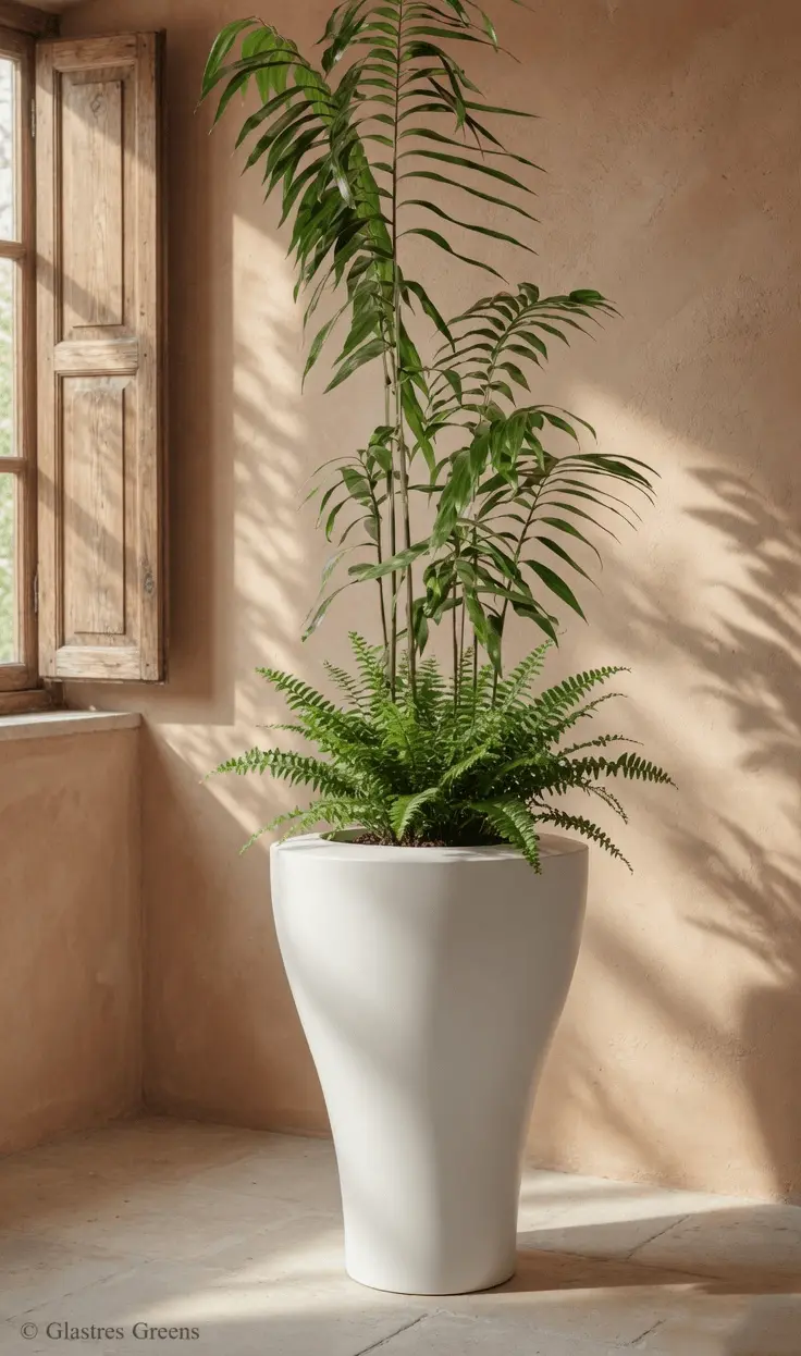 A designer tall planter positioned as a statement piece in a hotel lobby, introducing sophisticated vertical lines and upscale greenery to the reception area.