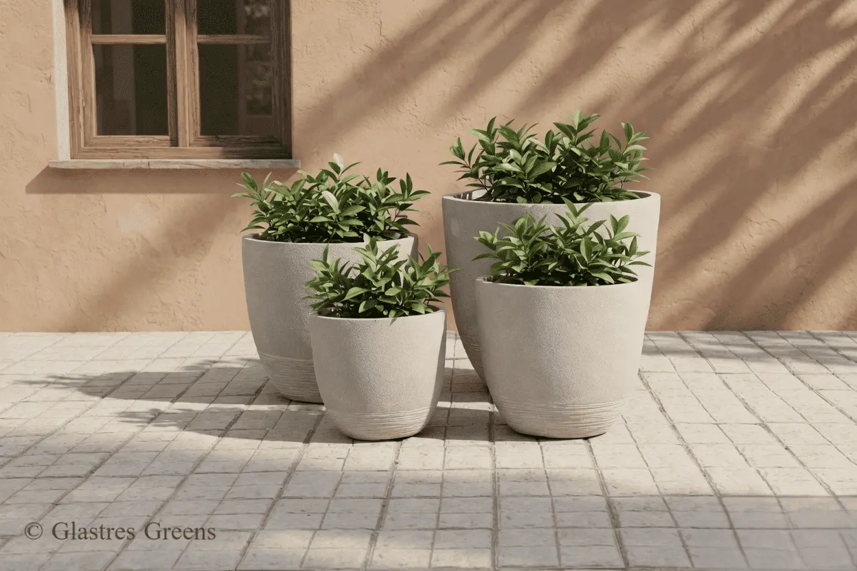 A designer tall fiberglass planter flanking a modern villa entrance, creating a striking residential focal point with its sleek, vertical silhouette.