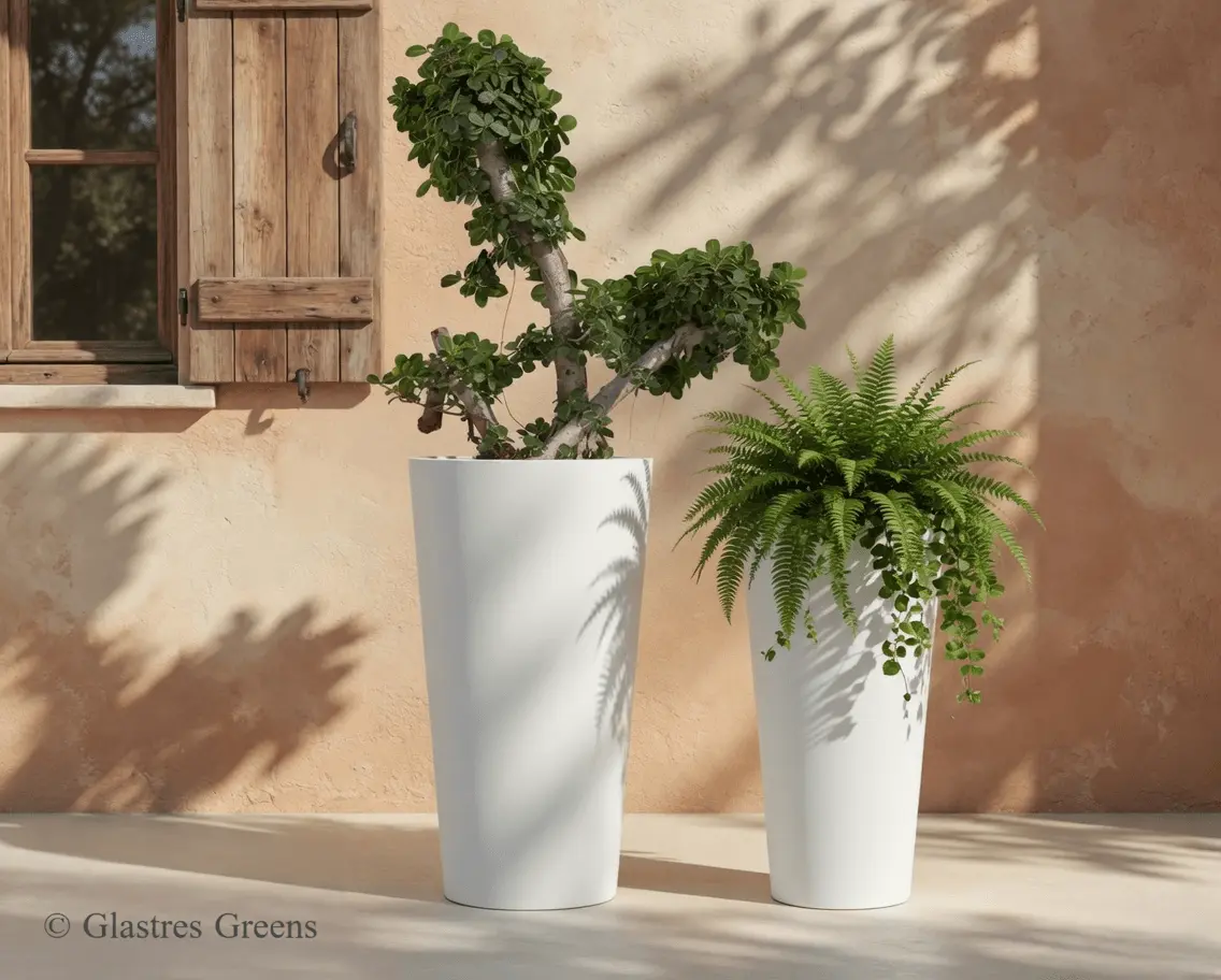 A designer textured planter enhancing a modern cafe interior, providing a tactile visual element that complements industrial or minimalist indoor styling.