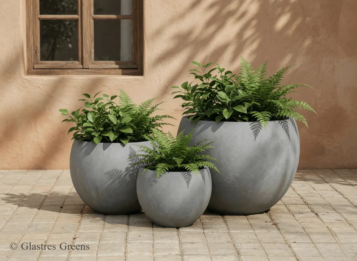 An educational visual comparison between FRP and concrete planters, highlighting the lightweight, crack-resistant advantages of fiberglass over traditional cement.