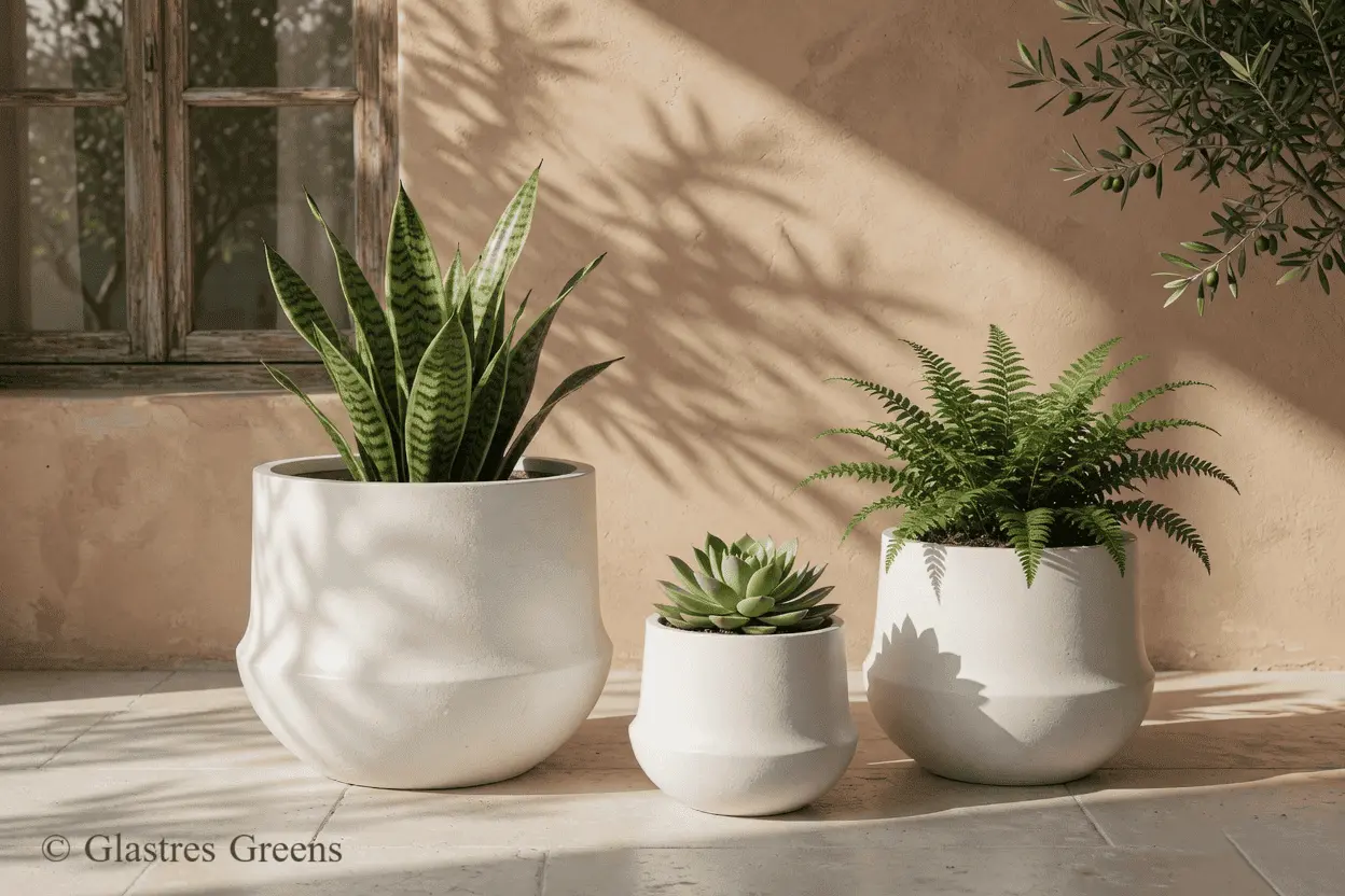 A hospitality ribbed planter placed within a fine dining restaurant garden, adding a layer of textured elegance to the tranquil outdoor culinary environment.