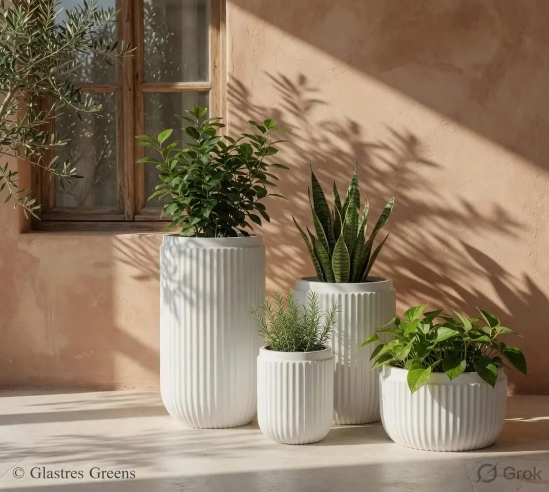 A landscape fiberglass planter seamlessly incorporated into a garden boulder feature, contrasting smooth, manufactured lines with rough natural stone textures.