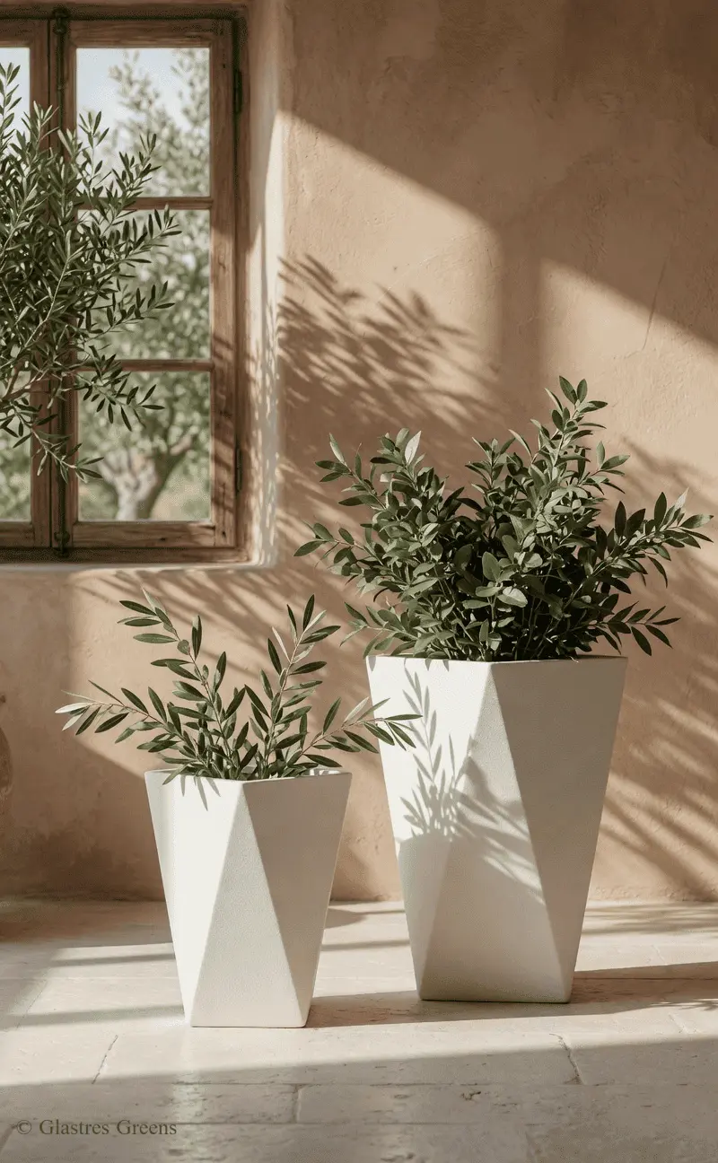 A landscape ribbed planter utilized as a primary design feature in a cultivated garden, drawing visual interest through its distinct, grooved surface pattern.