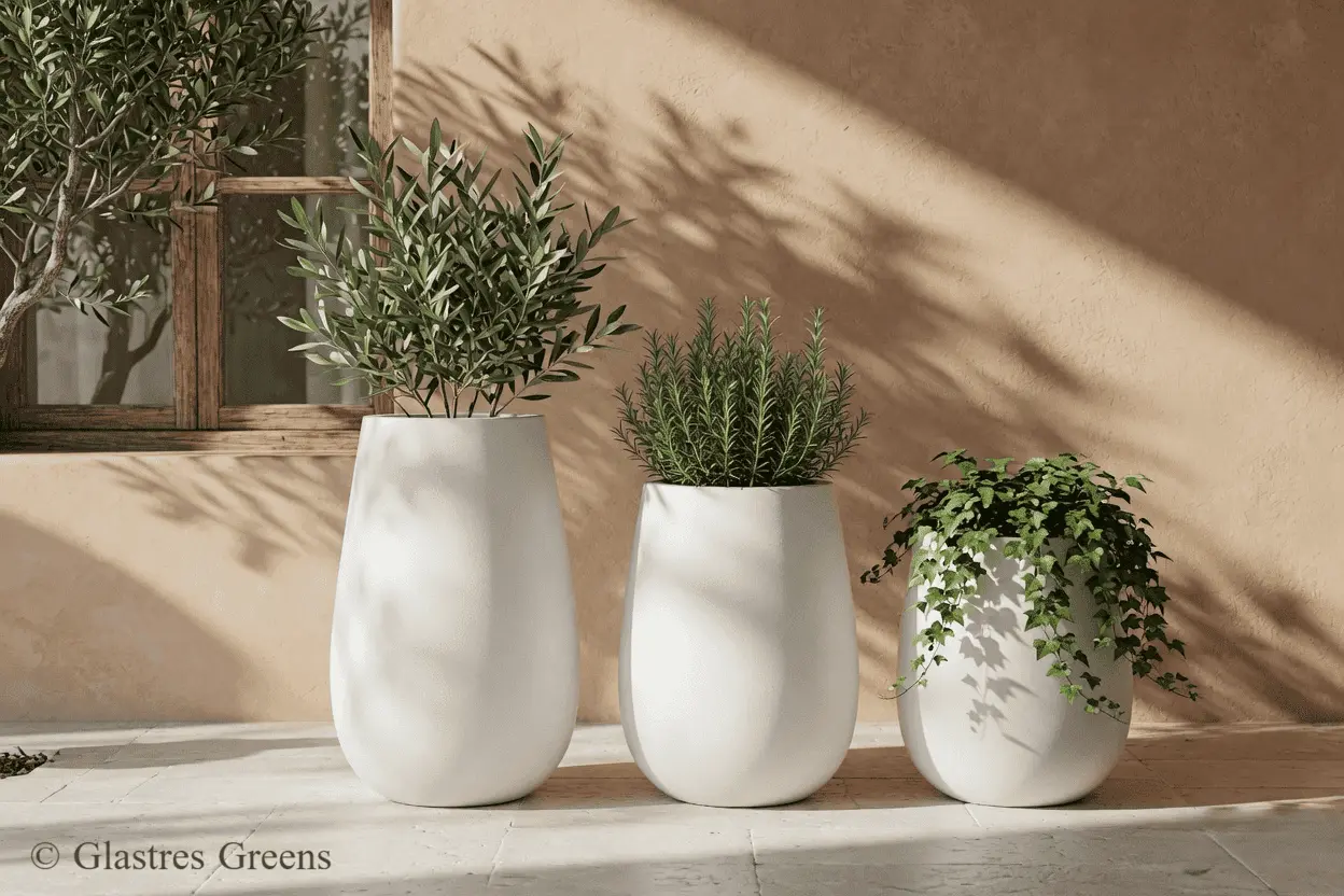 An educational visual comparing a large FRP planter against traditional materials, demonstrating the superior finish, reduced weight, and longevity of fiberglass.