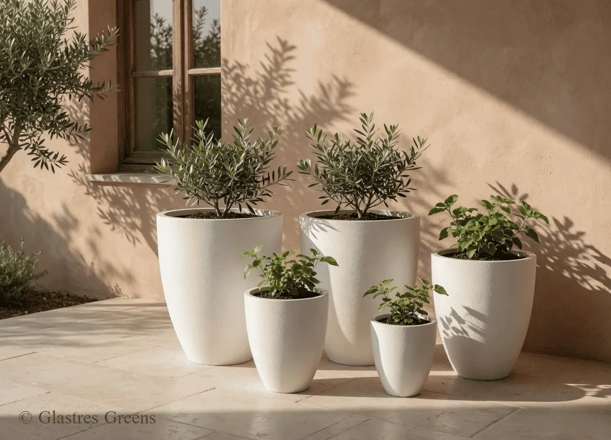 A luxury ribbed planter situated on a high-rise penthouse balcony, combining exquisite surface detailing with the strength to endure elevated wind conditions.