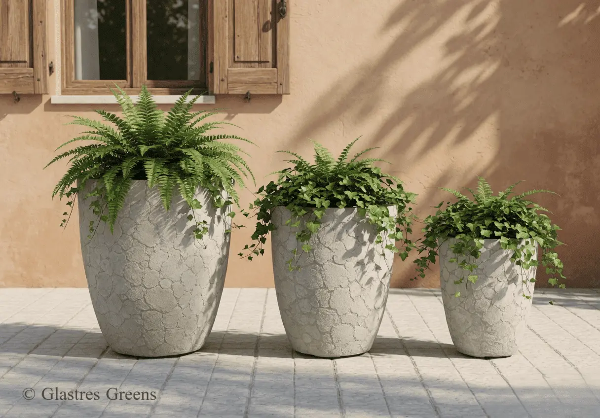 A luxury round fiberglass planter adorning a tranquil hotel spa terrace, featuring elegant curves that enhance the relaxing and premium atmosphere.