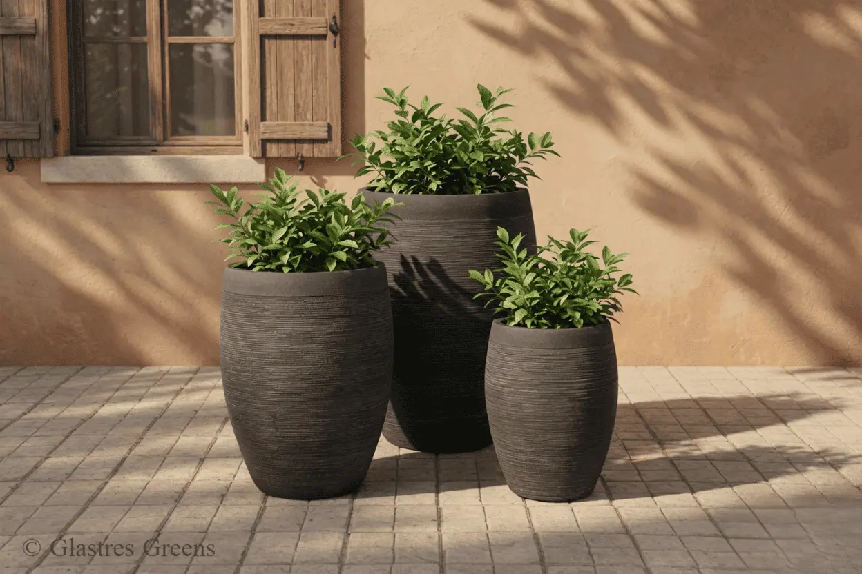 A luxury textured bowl planter installed in a high-end penthouse rooftop garden, featuring a tactile finish for sophisticated exterior landscaping.