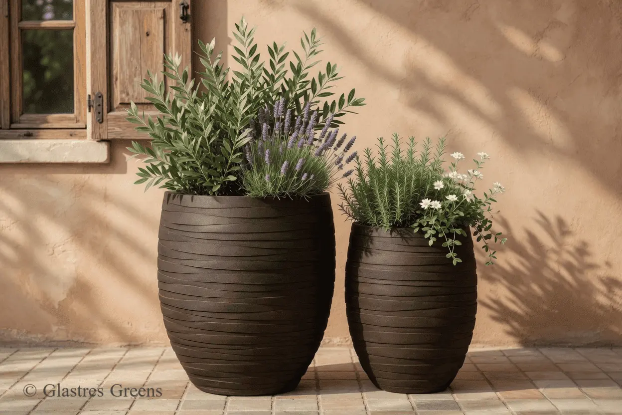 A luxury textured fiberglass planter overlooking a city skyline from a penthouse terrace, blending sophisticated finishes with high-altitude gardening.