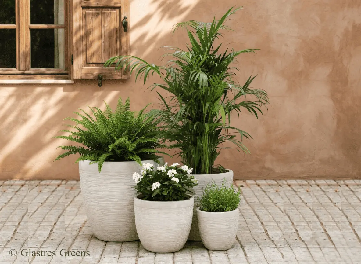 A tall fiberglass planter with a modern gloss finish on an apartment terrace, delivering a sleek and reflective surface for urban outdoor living.