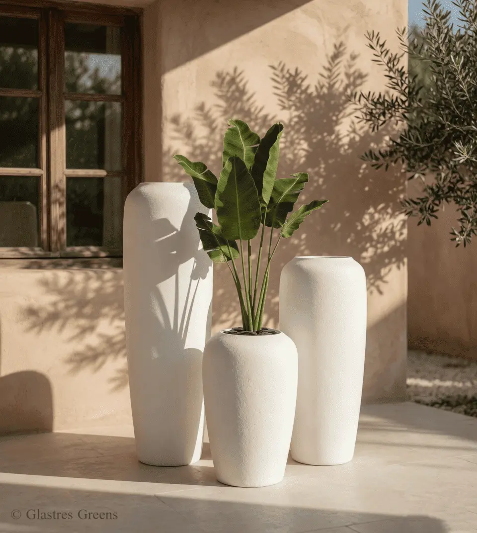 A premium bowl planter taking center stage at a luxury villa entrance, its wide, welcoming shape filled with colorful blooms to greet arriving house guests.