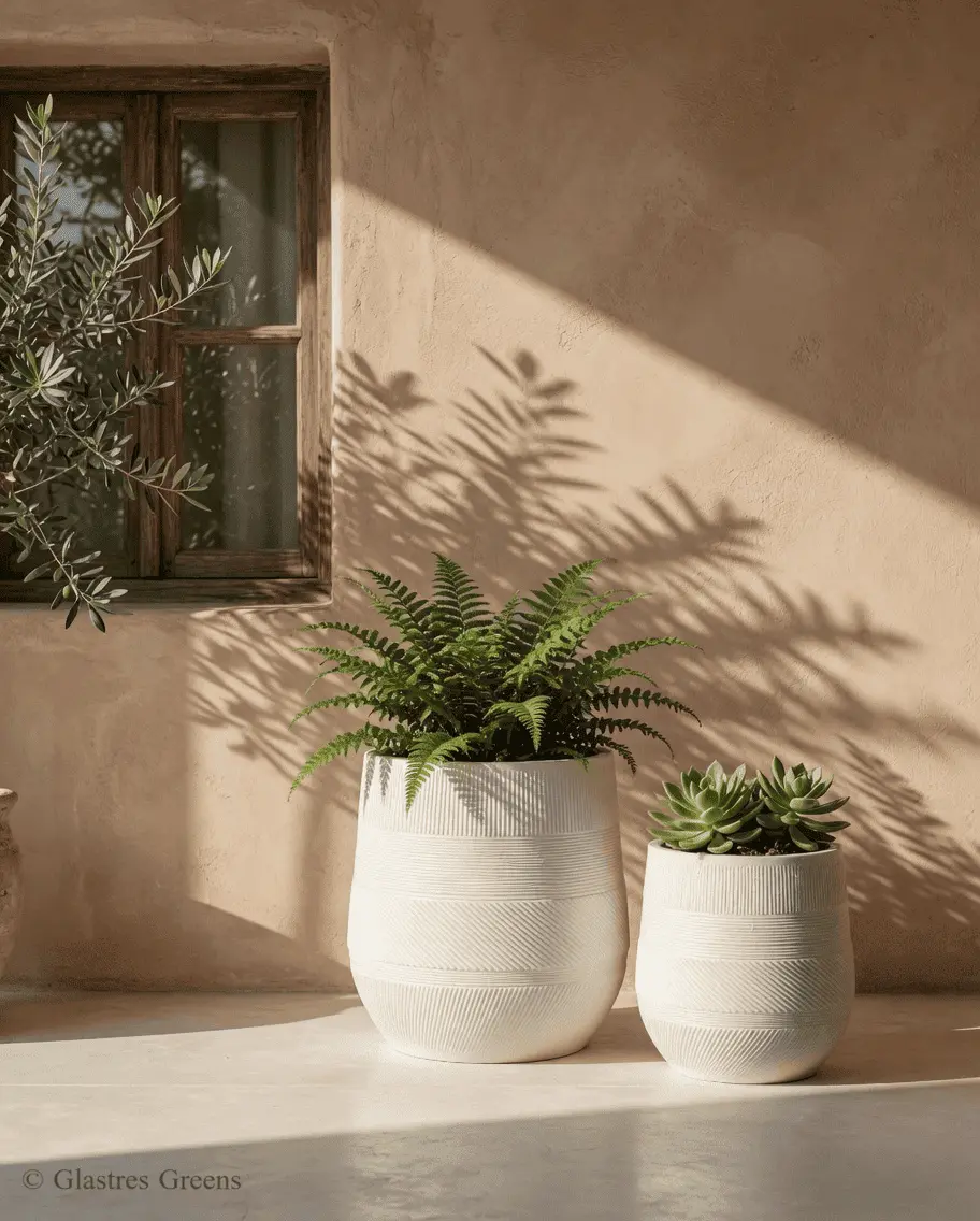 A premium ribbed planter featured in a luxury villa pool landscape, its textured surface resisting moisture while complementing surrounding aquatic features.