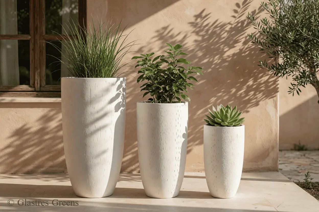 A premium tall planter acting as a focal feature in a sprawling resort garden, its impressive height drawing the eye and anchoring the surrounding horticulture.