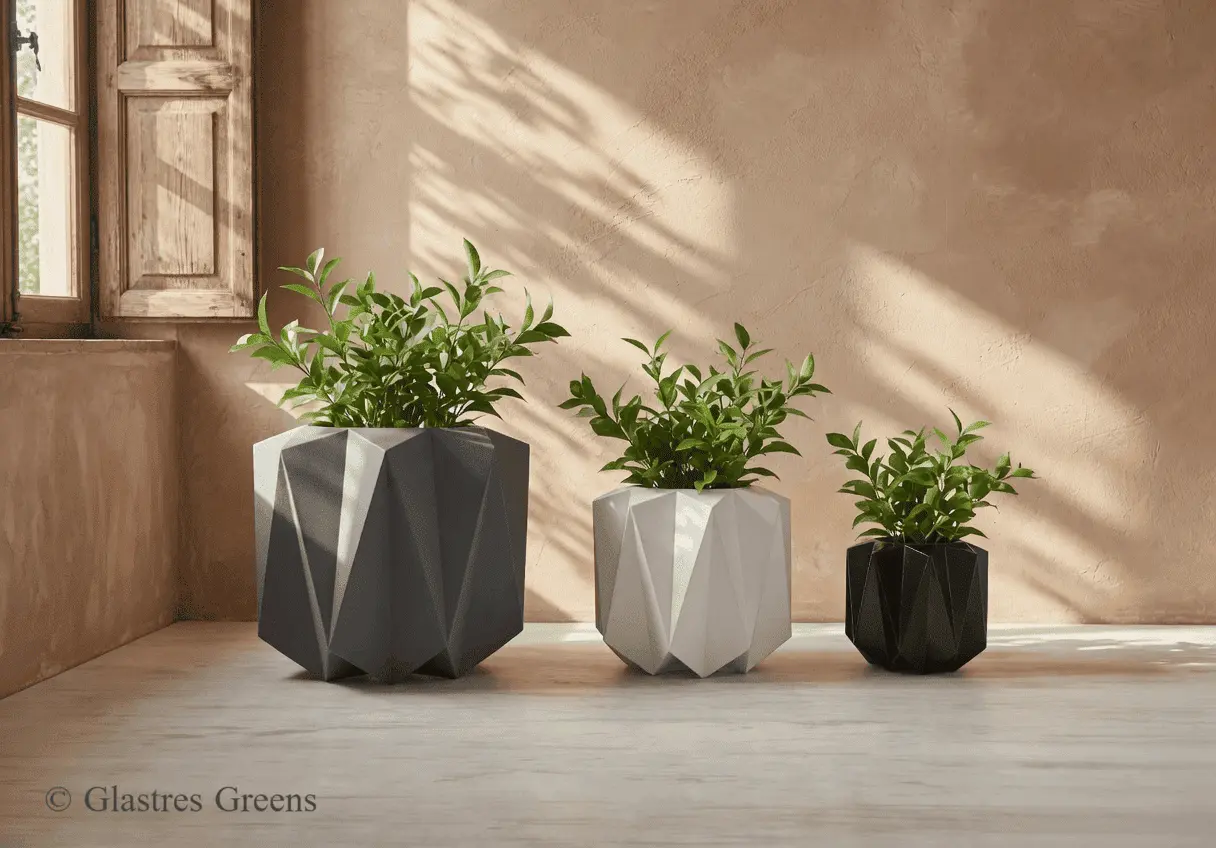 A residential ribbed FRP planter positioned on a modern apartment balcony, maximizing compact urban outdoor spaces with a durable, stylish container.