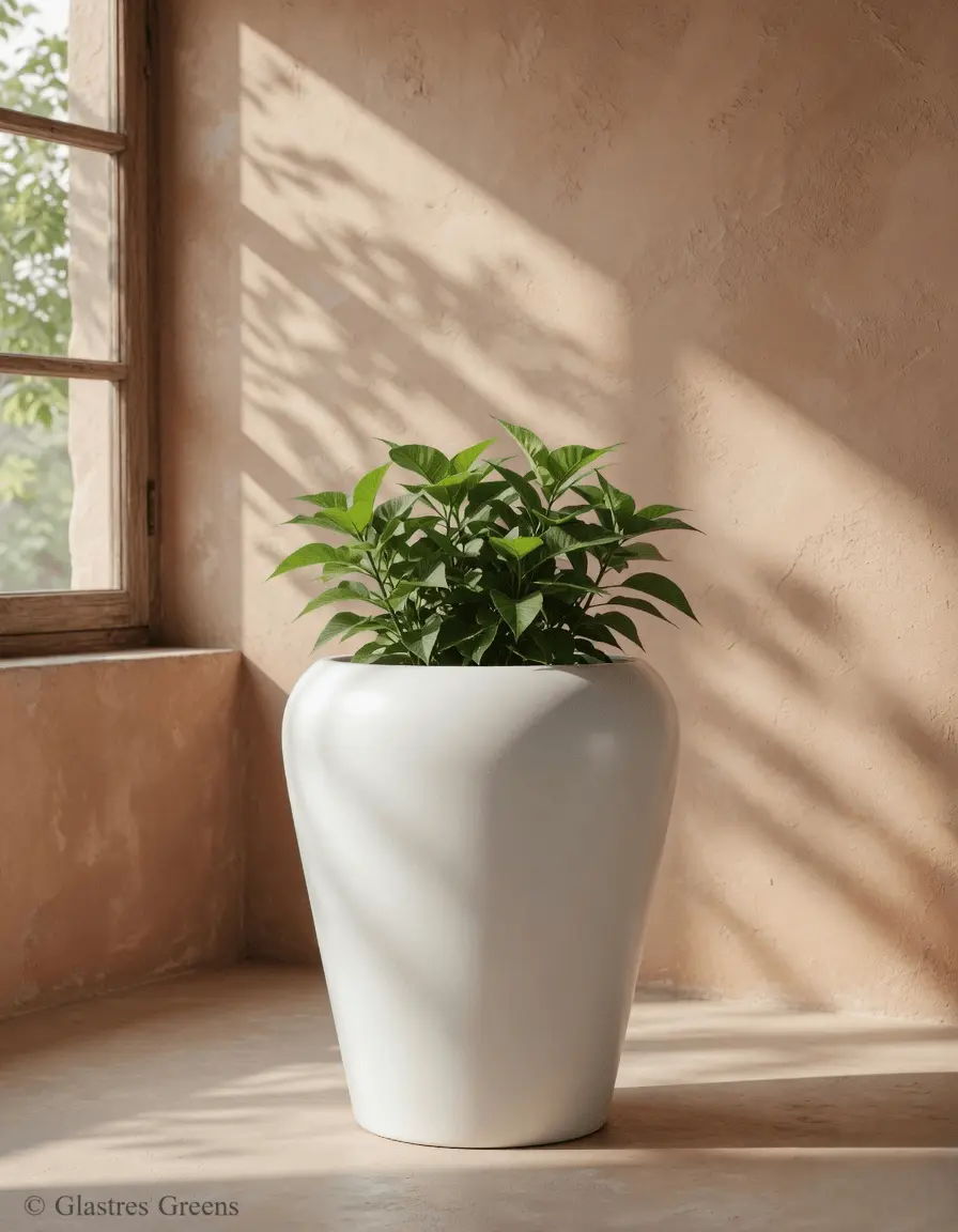 A Vastu-friendly round planter situated on a residential home terrace, incorporating curved, flowing designs to promote positive spatial energy.