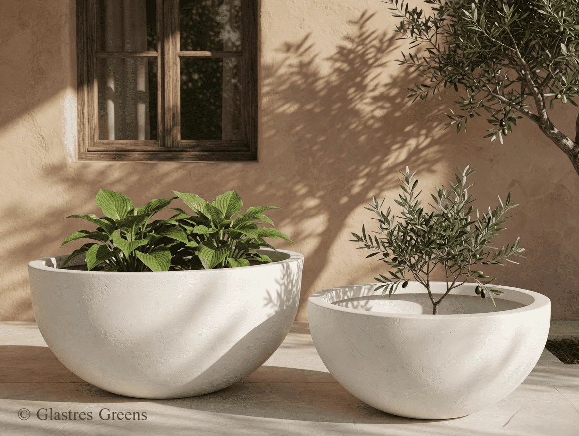 Large wide FRP planter bowl providing massive, low-profile planting capacity for creating lush botanical arrangements in luxury commercial gardens.
