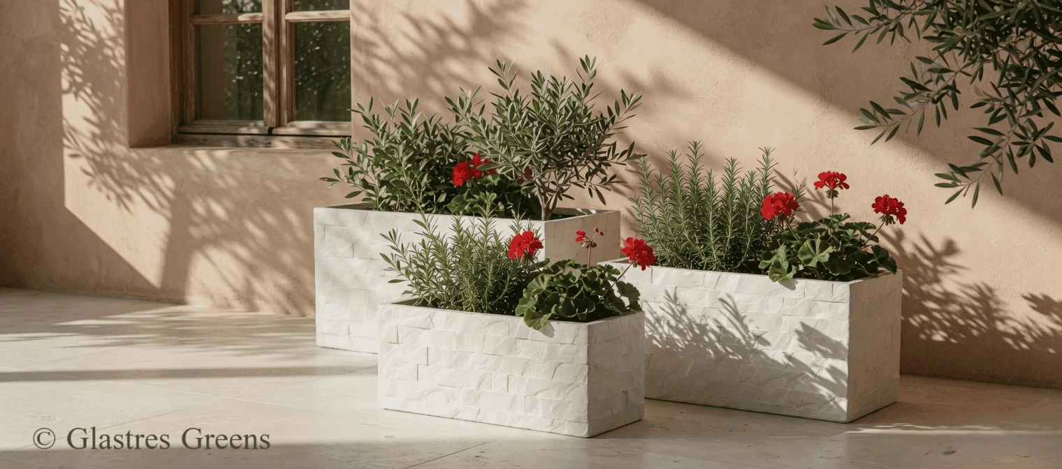 Brick rectangular heavy-duty fiberglass planter box built with maximum structural integrity for robust public, institutional, and commercial landscaping.