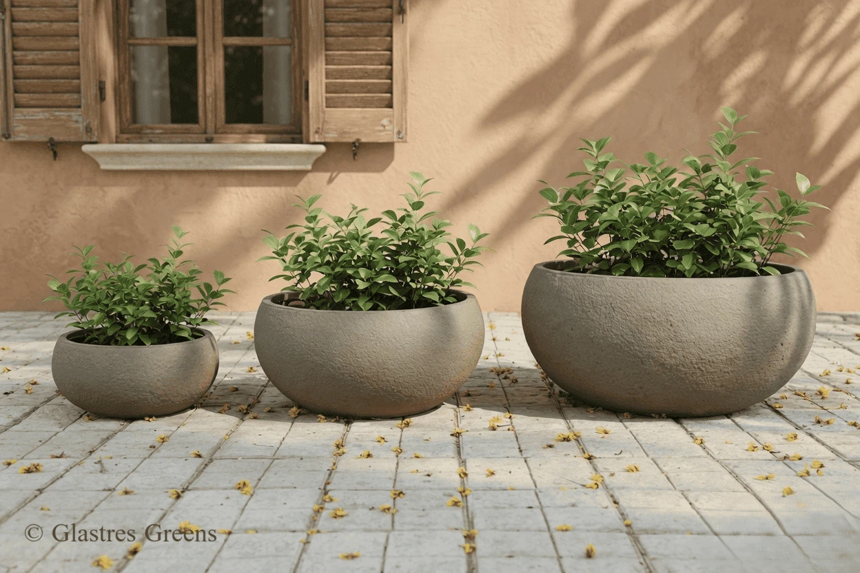 Coarse stone-textured FRP commercial planter, specifically built to handle heavy-duty landscape demands in public institutional spaces.