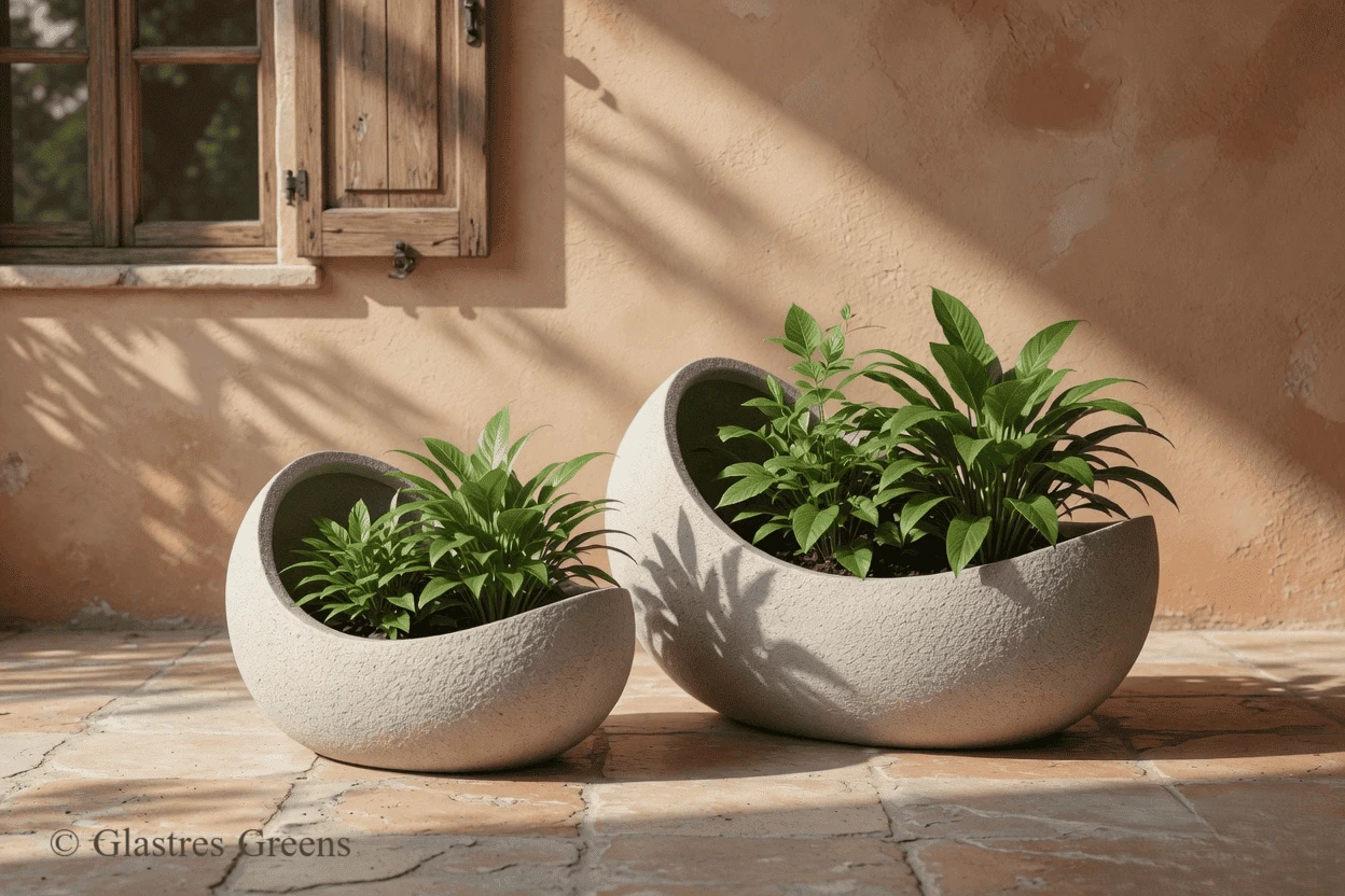 Weatherproof fiberglass planter featuring a crushed rock effect finish, designed as a durable container for luxury outdoor gardens.