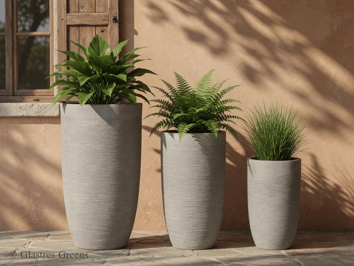 Bespoke designer linear pattern fiberglass planter providing a unique architectural solution for elite residential projects and premium commercial zones.