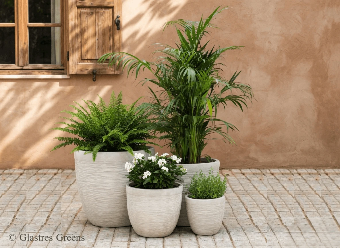 Large fluted round fiberglass planter offering classic elegance and lightweight strength for manicured villa gardens and expansive commercial landscapes.
