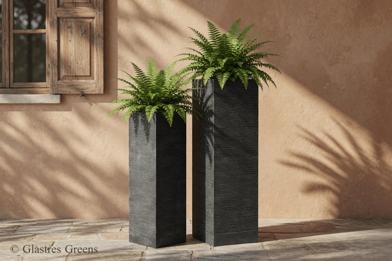 Large geometric linear fiberglass planter featuring a contemporary architectural design, optimized for professional corporate office building exteriors.