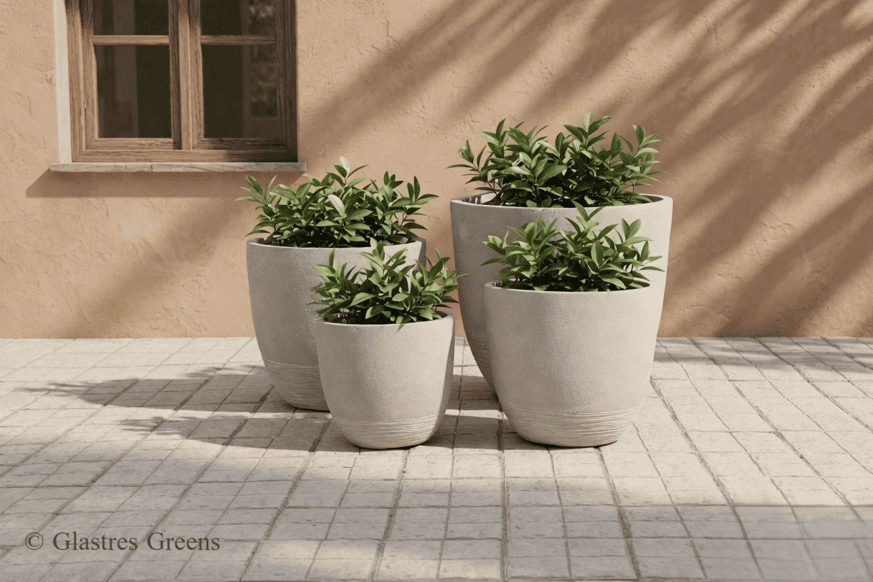 Heavy rock texture fiberglass garden planter mimicking raw natural stone for a monumental, high-end visual impact in luxury outdoor estates.