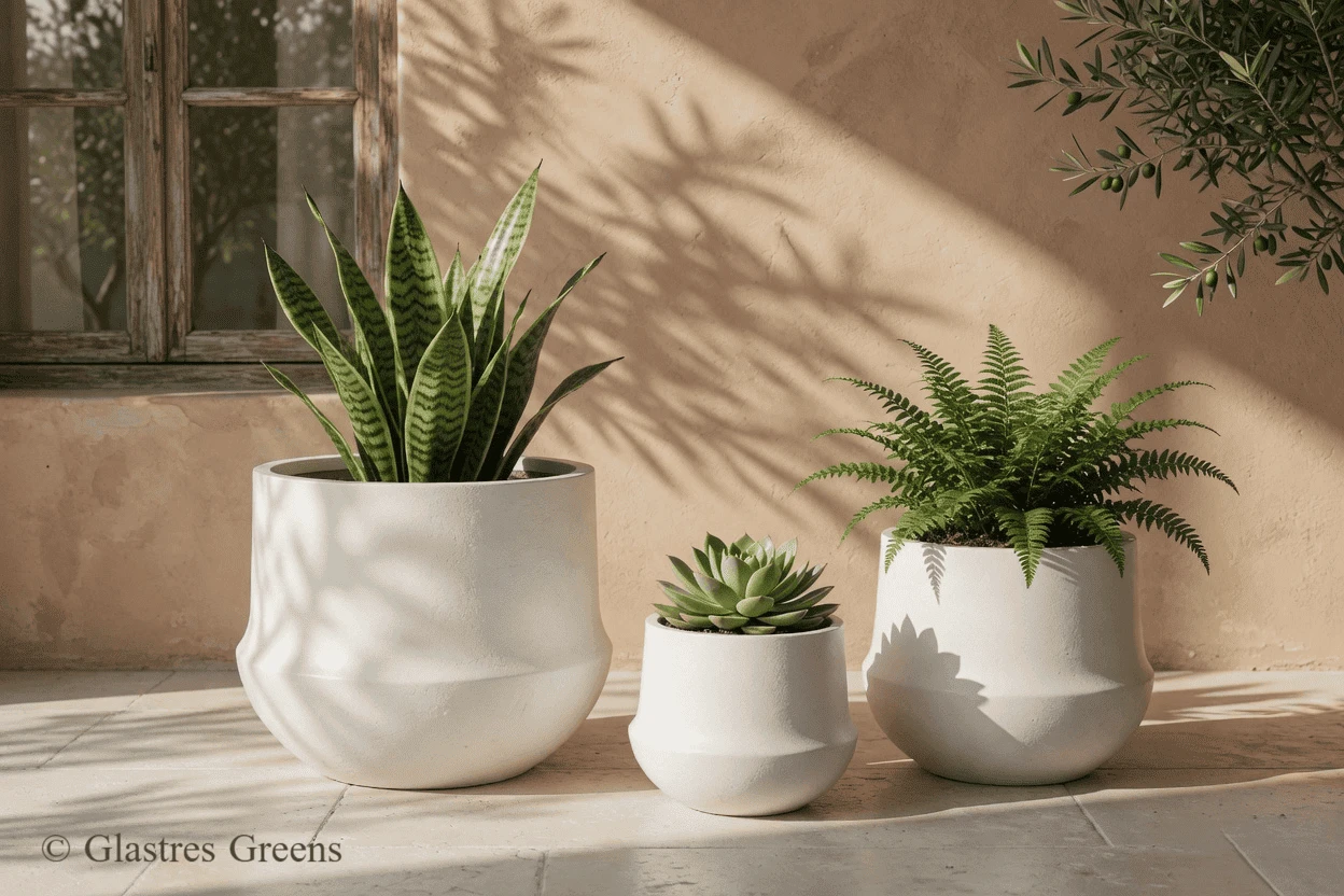 Hoop banded modern fiberglass planter with distinctive horizontal detailing, blending supreme durability with luxury commercial and residential styling.