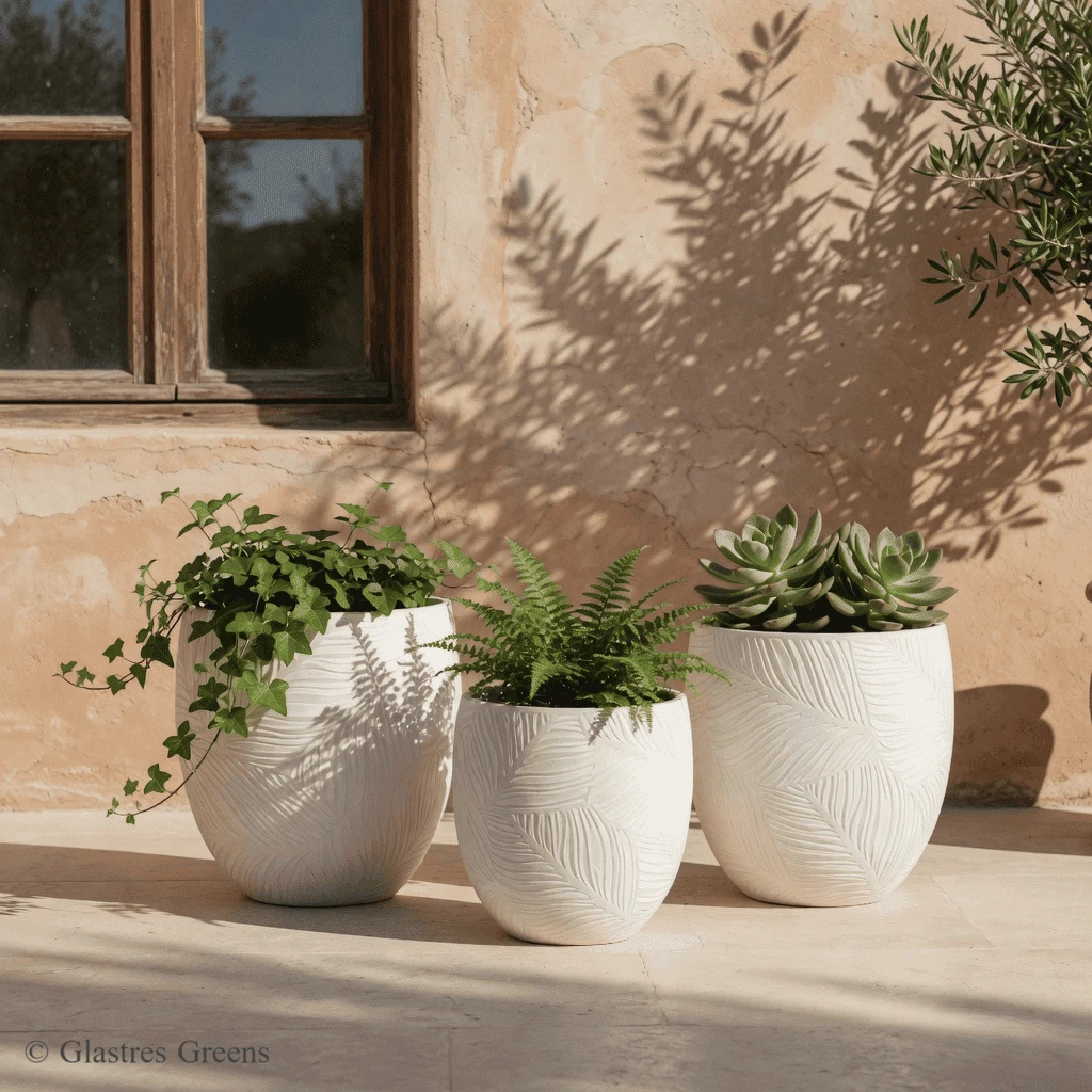 Premium round fiberglass planter with soft, organic forms, designed for botanical displays in luxury gardens and high-end villa landscaping.