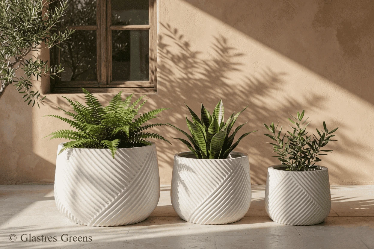 N-Rim round geometric FRP planter with a clean, defined circular profile, manufactured for high-traffic modern outdoor and commercial landscapes.