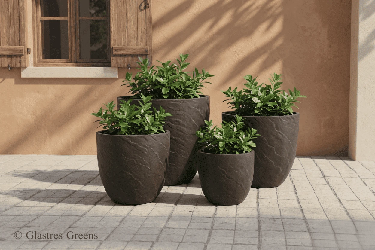 Commercial-grade fiberglass planter with an authentic organic clay finish, delivering traditional pottery aesthetics with crack-proof FRP performance.
